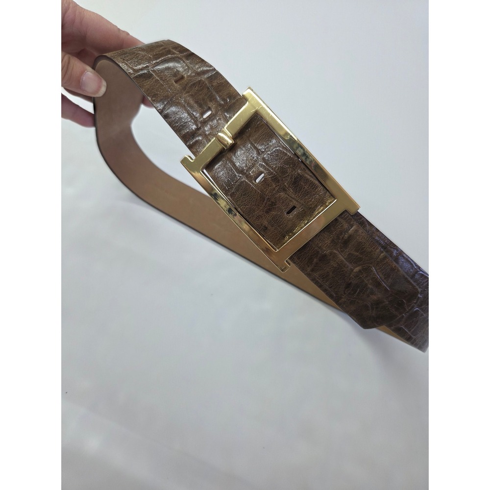 Talbots Brown Croc Embossed Leather Belt Gold H Buckle Size Small 31-34